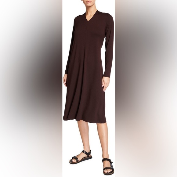 Eileen Fisher Brown V Neck Midi Dress XS - Picture 3 of 12